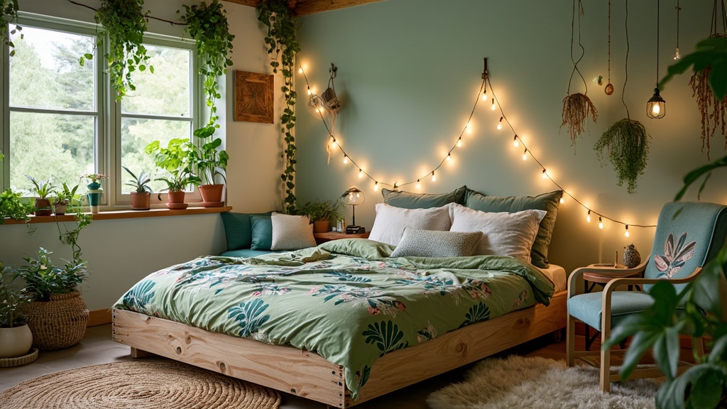 Whimsical nature bedroom with botanical decor, reclaimed wood furniture, potted plants, and soft lighting.