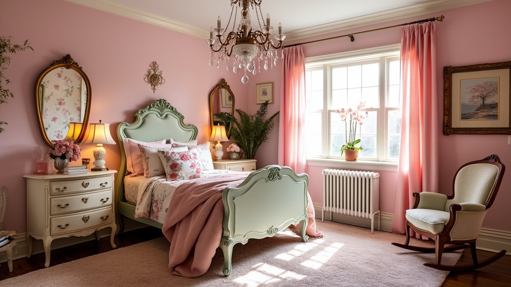 Whimsical bedroom with pastel pink walls, floral bedding, vintage furniture, and a charming chandelier.