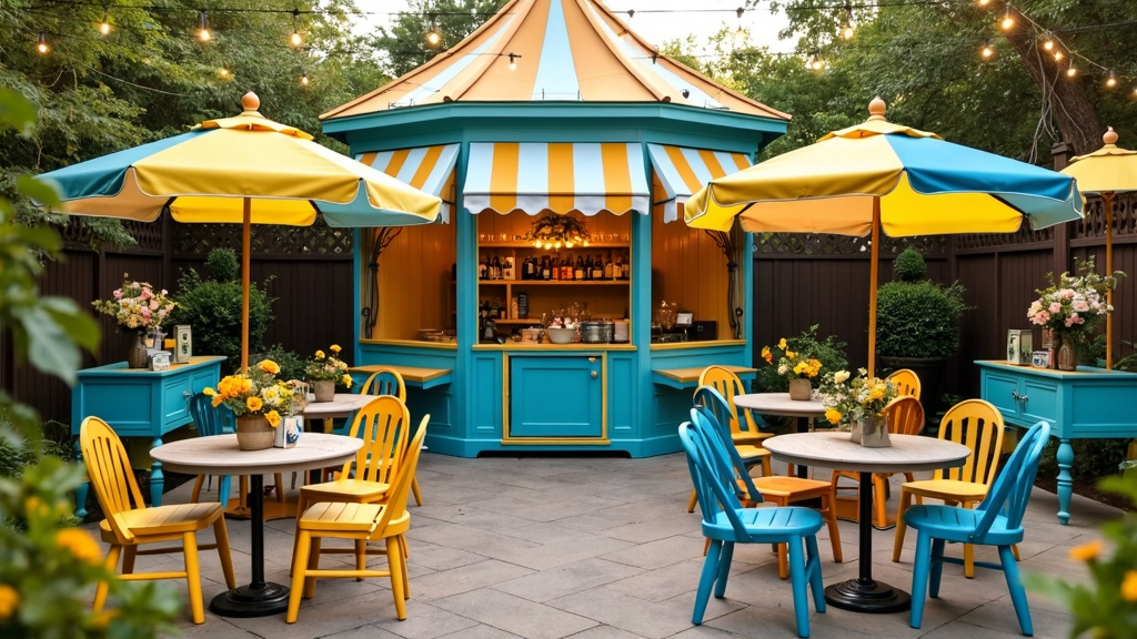 A vibrant patio design with a Victorian-style pavilion, colorful awnings, bistro tables, and fairy lights.