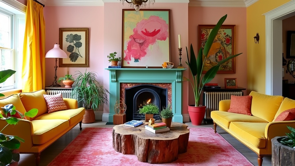 Whimsical Victorian living room with colorful decor, art pieces, unique furniture, and lively plants.