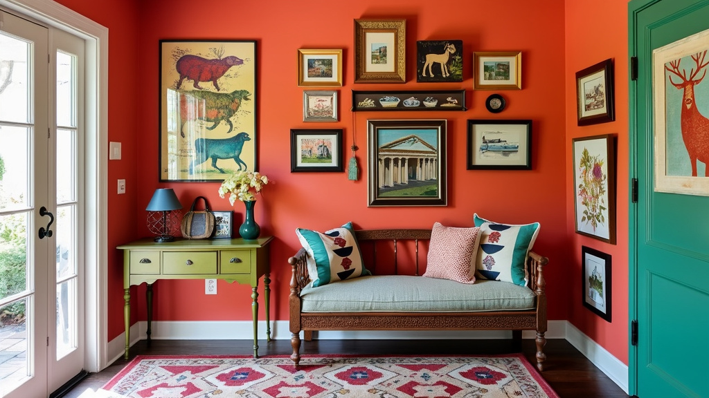 Eclectic entryway with coral walls, colorful artwork, vintage console table, bold rug, and cushions.