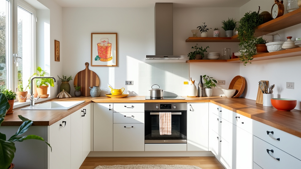 Whimsical white kitchen with colorful wall art, quirky dishware, vibrant plants, and wood accents.