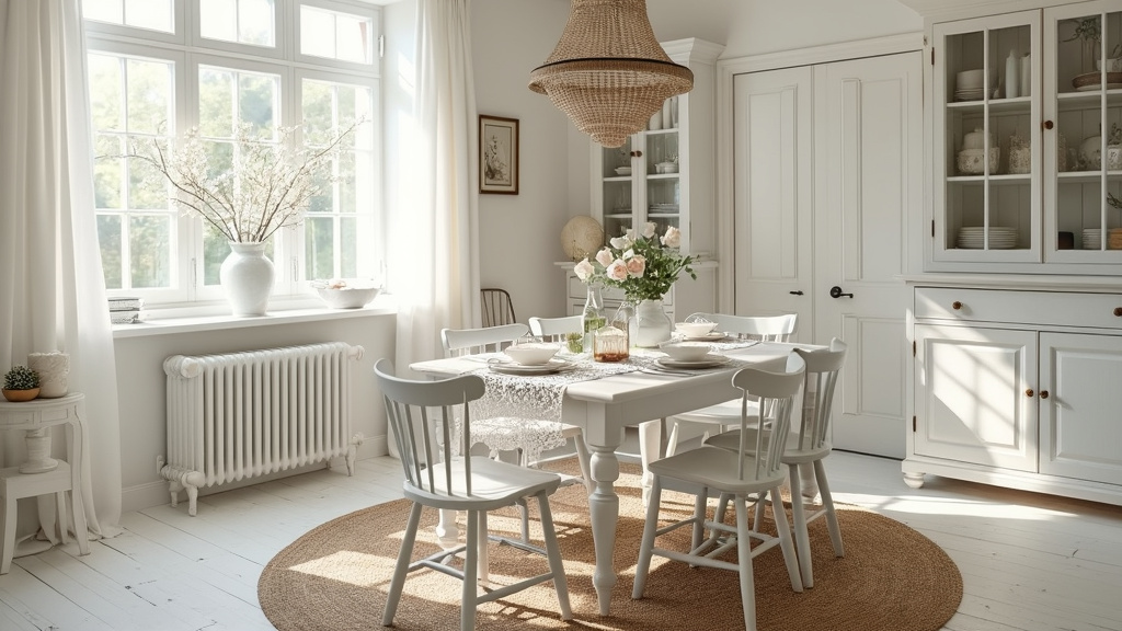 Airy dining room with farmhouse table, mismatched pastel chairs, white walls, and vintage lace decor.