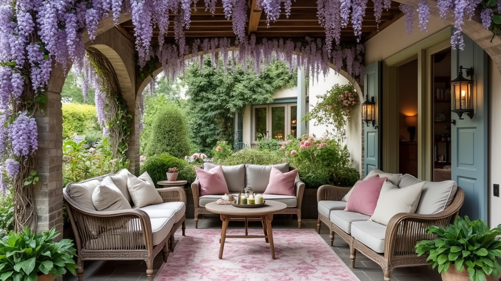 A serene outdoor space with an arched pergola draped in wisteria, vintage table, and cozy seating.