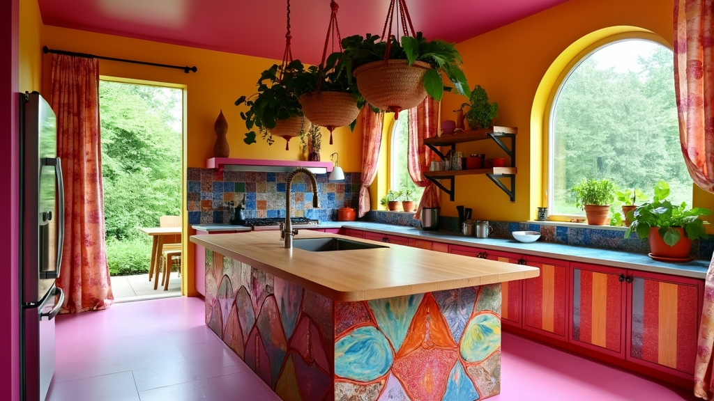 Whimsical kitchen with open layout, vibrant fuchsia and yellow colors, quirky mosaic island, and greenery.