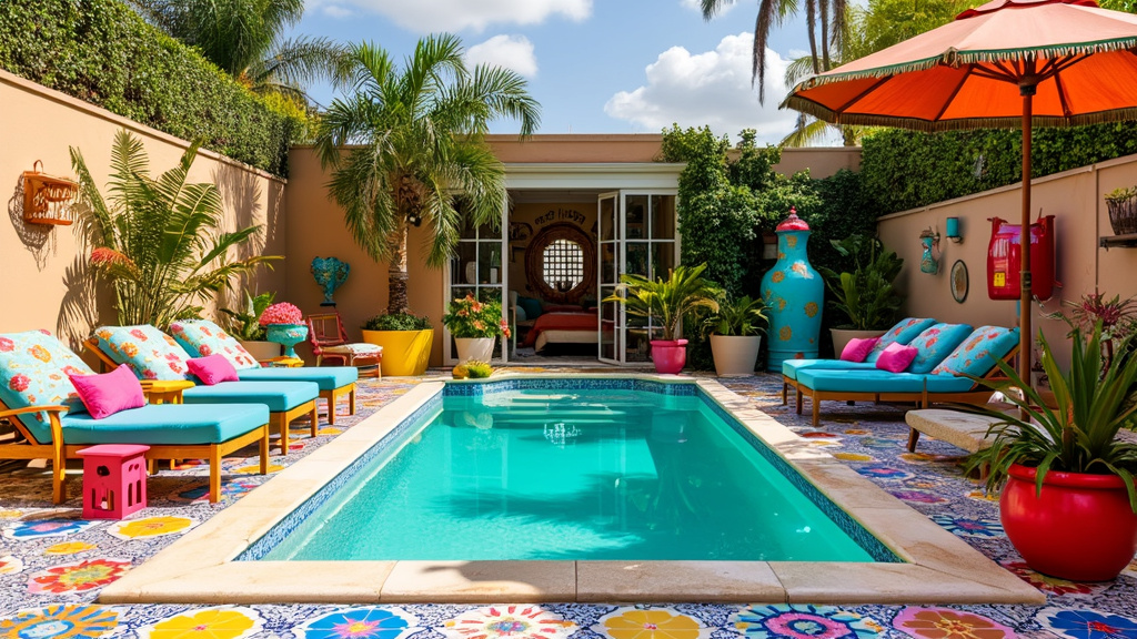 A vibrant English country pool area with colorful tiles, cushions, quirky sculptures, and potted plants.