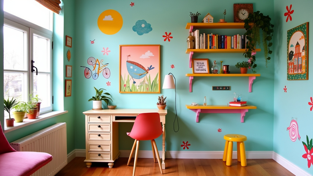 Colorful workspace filled with eclectic art, whimsical decor, and a vintage desk, inspiring creativity.