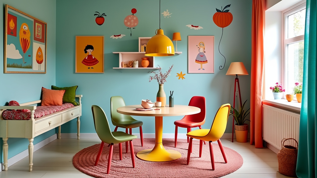 Whimsical dining room with pastel walls, playful chairs, vibrant art, and textured rugs creating joy.