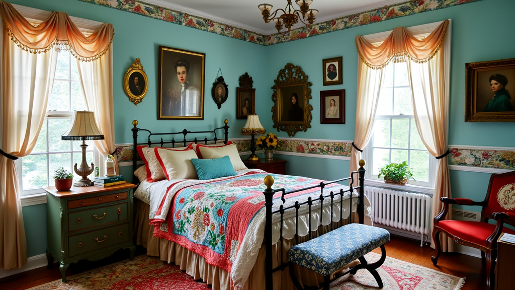 Brightly patterned bedroom with painted metal bedframe, colorful quilts, vintage furniture, and whimsical decor.