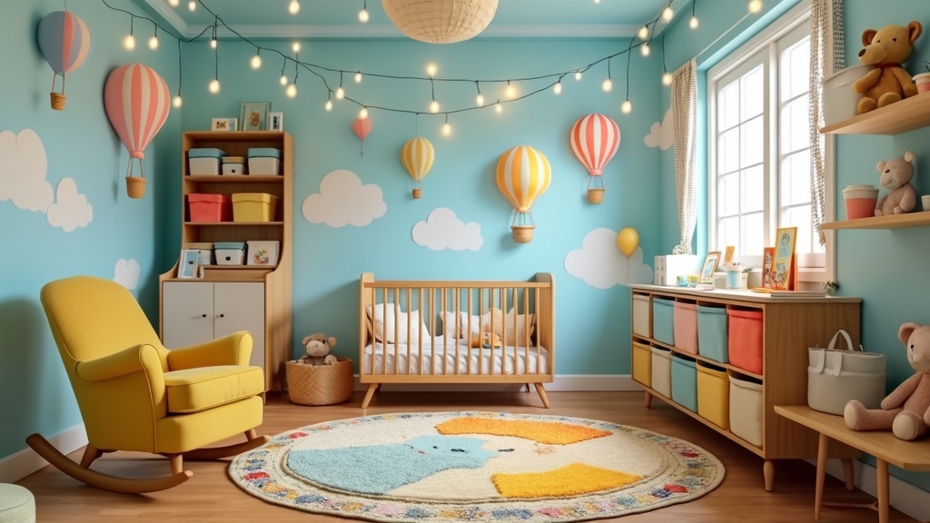 Whimsical children's room with pastel blue walls, vibrant decals, natural wood flooring, and cozy decor.