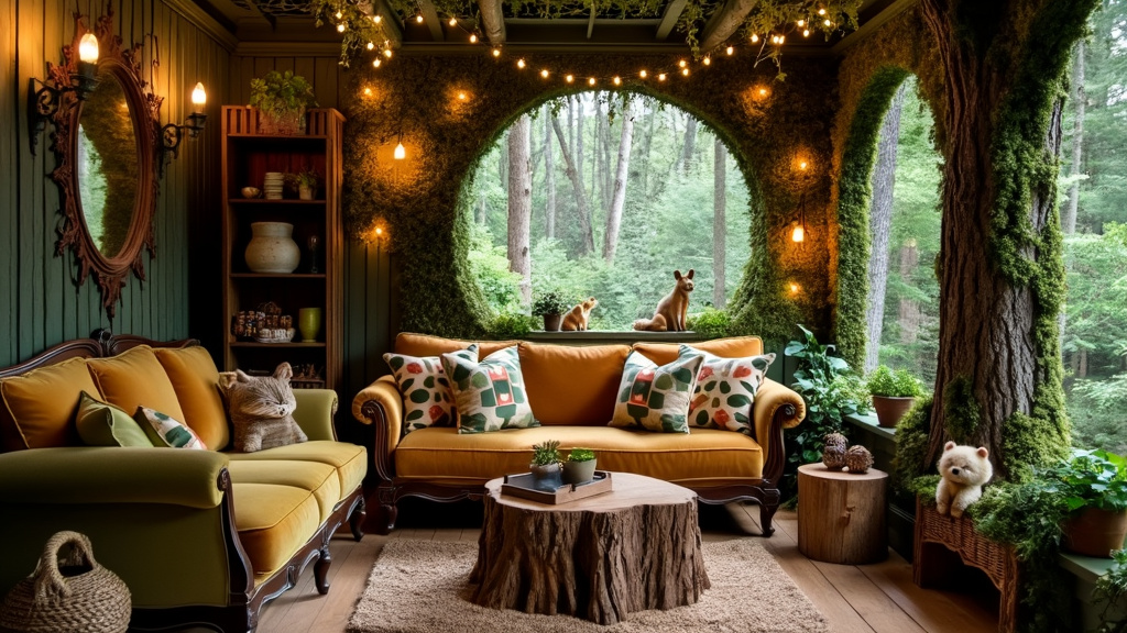 Whimsical woodland living room with deep greens, earthy browns, leaf-patterned cushions, and twinkling lights.