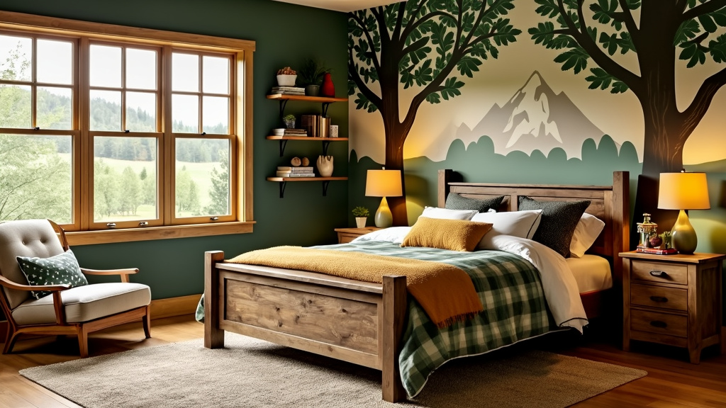Woodland-themed children’s room with playful tree silhouettes, rustic furniture, and cozy reading nooks.