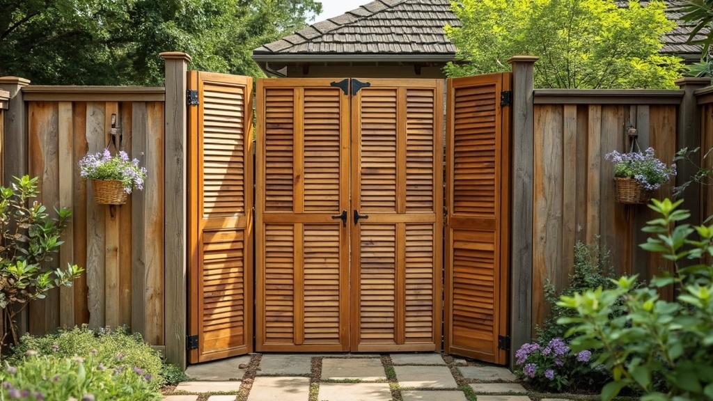 Wooden shutter screens offering privacy and charm for outdoor spaces, easily adjustable for flexibility.