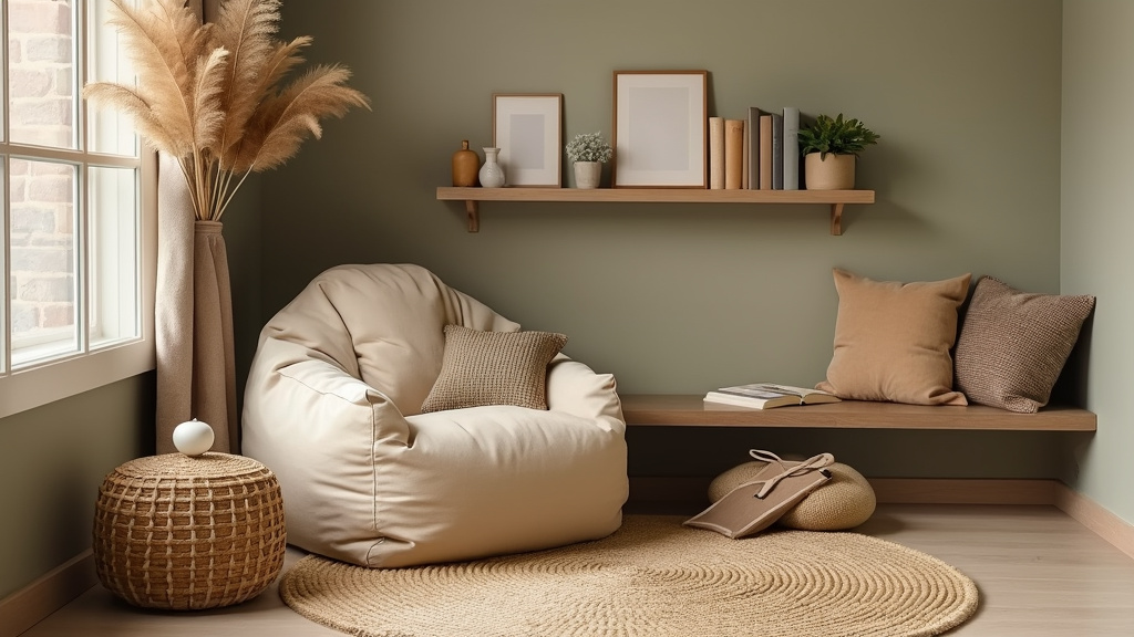 Cozy nook with a cream bean bag chair, plush pillows, jute rug, wood shelves, and an oil diffuser.