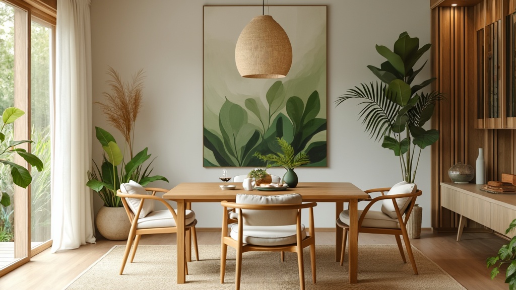 Tranquil Mid-Century Modern dining room with bamboo table, cushioned chairs, plants, and soft lighting.
