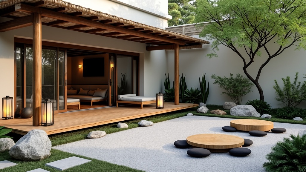 Zen-inspired patio with river stone flooring, wooden decking, floor cushions, and lush greenery for tranquility.