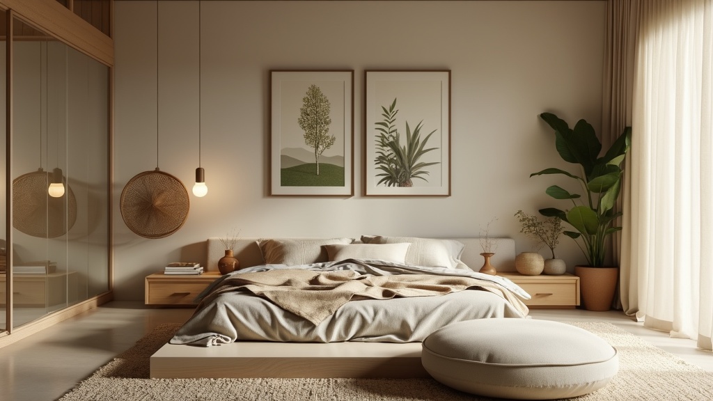 Zen-inspired Scandifornian bedroom featuring neutral tones, platform bed, sustainable furniture, and art.