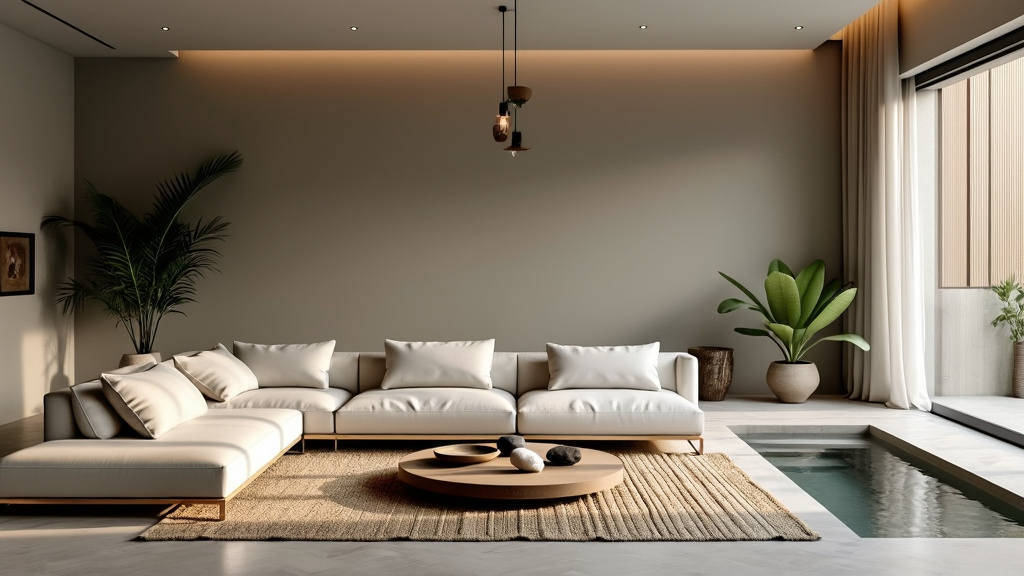 A tranquil living room with soft greys, minimalist furniture, plants, and a soothing indoor water feature.