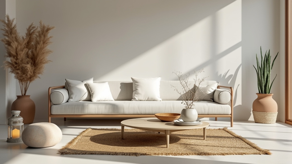 Zen minimalism living room featuring a low sofa, minimalist table, jute rug, and soft lantern lighting.