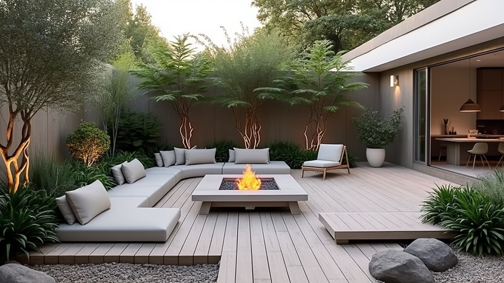 A modern Zen patio with light wood decking, aluminum furniture, plants, a fire pit, and tranquil colors.