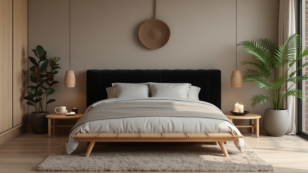 Zen sanctuary bedroom with black headboard, taupe walls, wooden bed, bamboo nightstands, and plants.