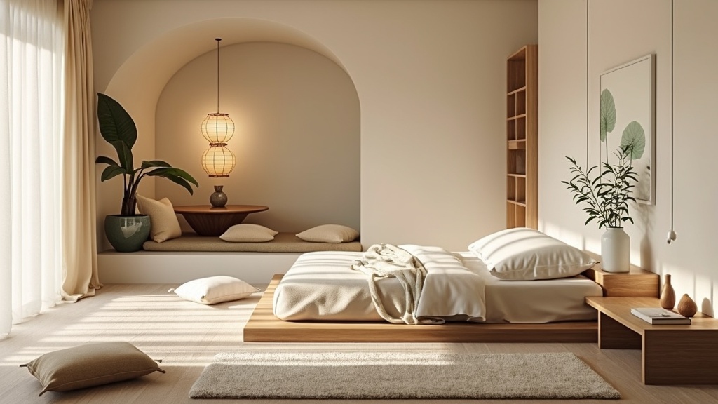 A serene Zen bedroom with cream and white colors, featuring minimal furnishings, bamboo decor, and plants.
