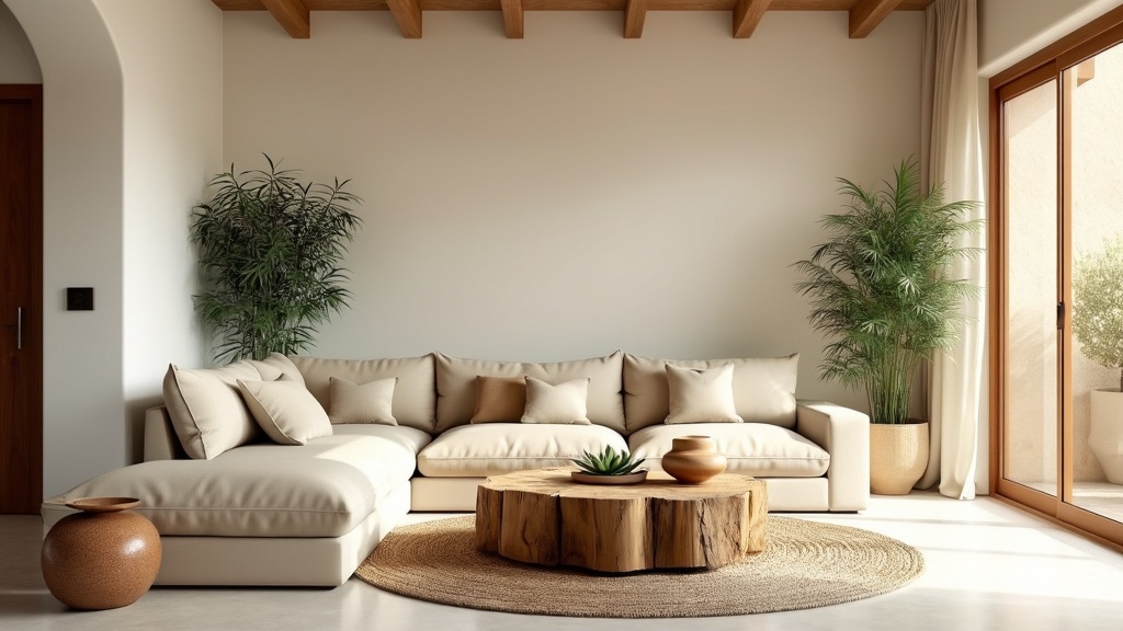 Zen Southwestern living room with soft cream walls, beige sectional, wood table, plants, and area rugs.
